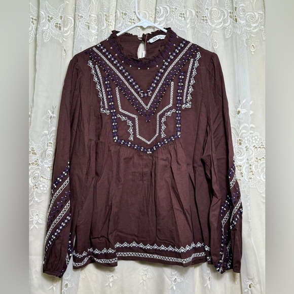 Zara Tops - Zara Embroidered & Beaded Long-Sleeve Tunic - Brown with White & Purple Accents